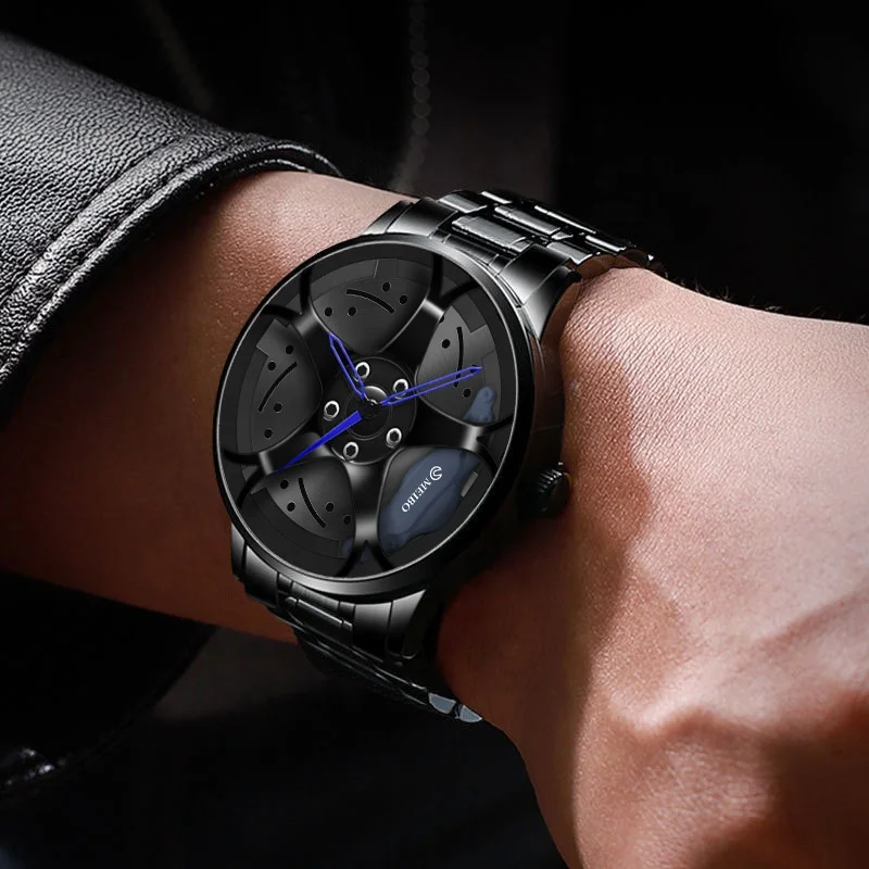 High Quality Unique Sports Wheel Watches Men Wrist Cool 3D Design Black Rim Car Wrist Watch