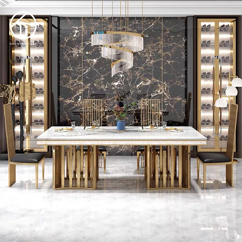 home furniture rectangular marble and gold double base luxury exclusive villa famous design 8 seater  Italian dining table