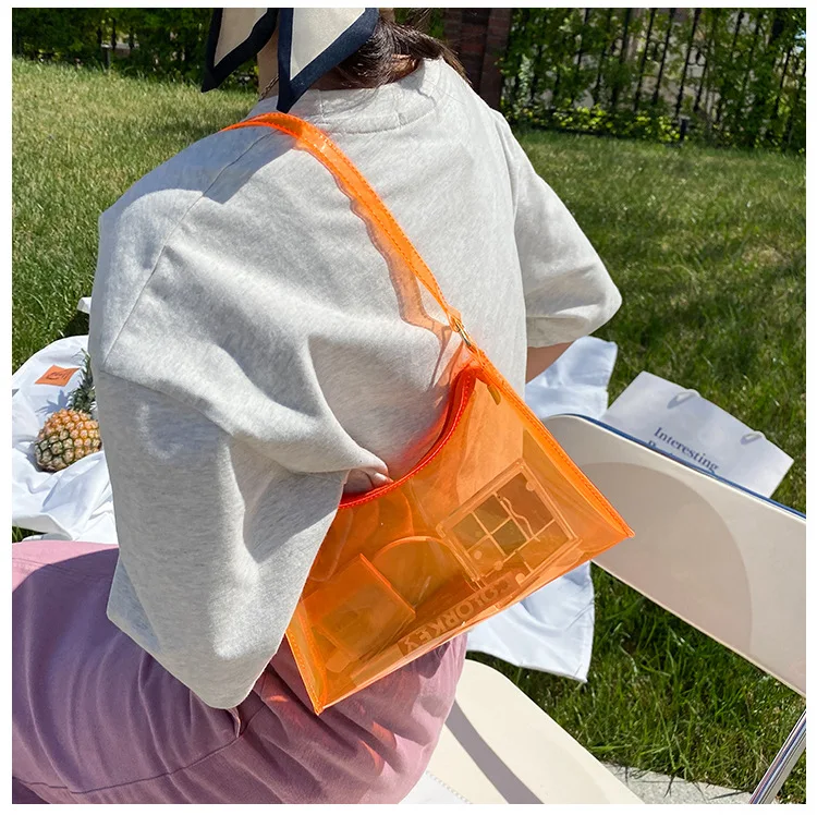 Custom Women Fashion Translucent Plastic Handbag Waterproof Transparent Tote Beach Bags Neon Pvc Shopping Bag