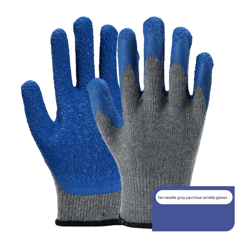 Wholesale Ten needle yellow yarn blue gloves wholesale wear resistant non slip latex dip plastic hanging rubber wrinkle gloves