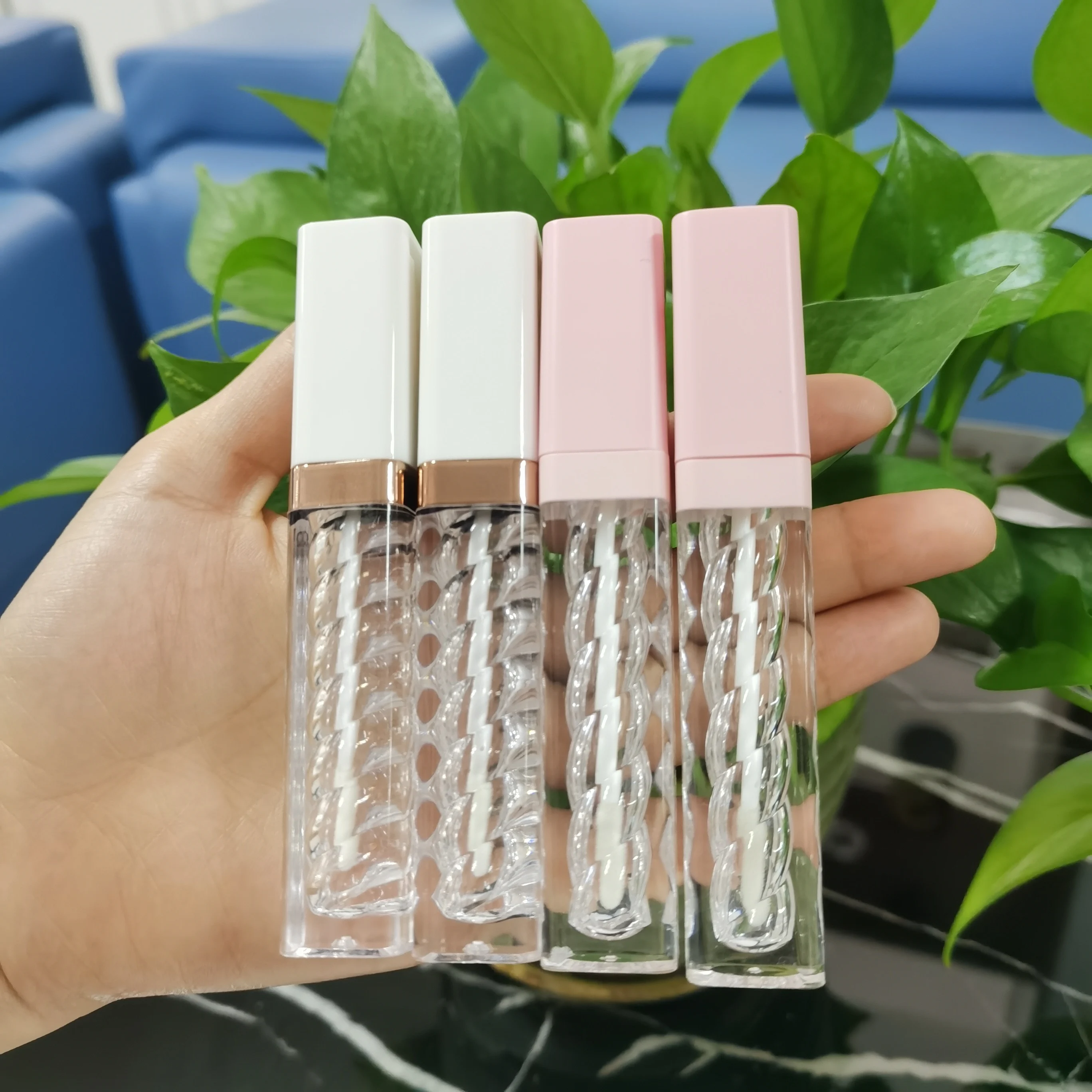 New spiral interior 5ml white luxury pink lipgloss tubes custom logo square clear lip gloss tubes container