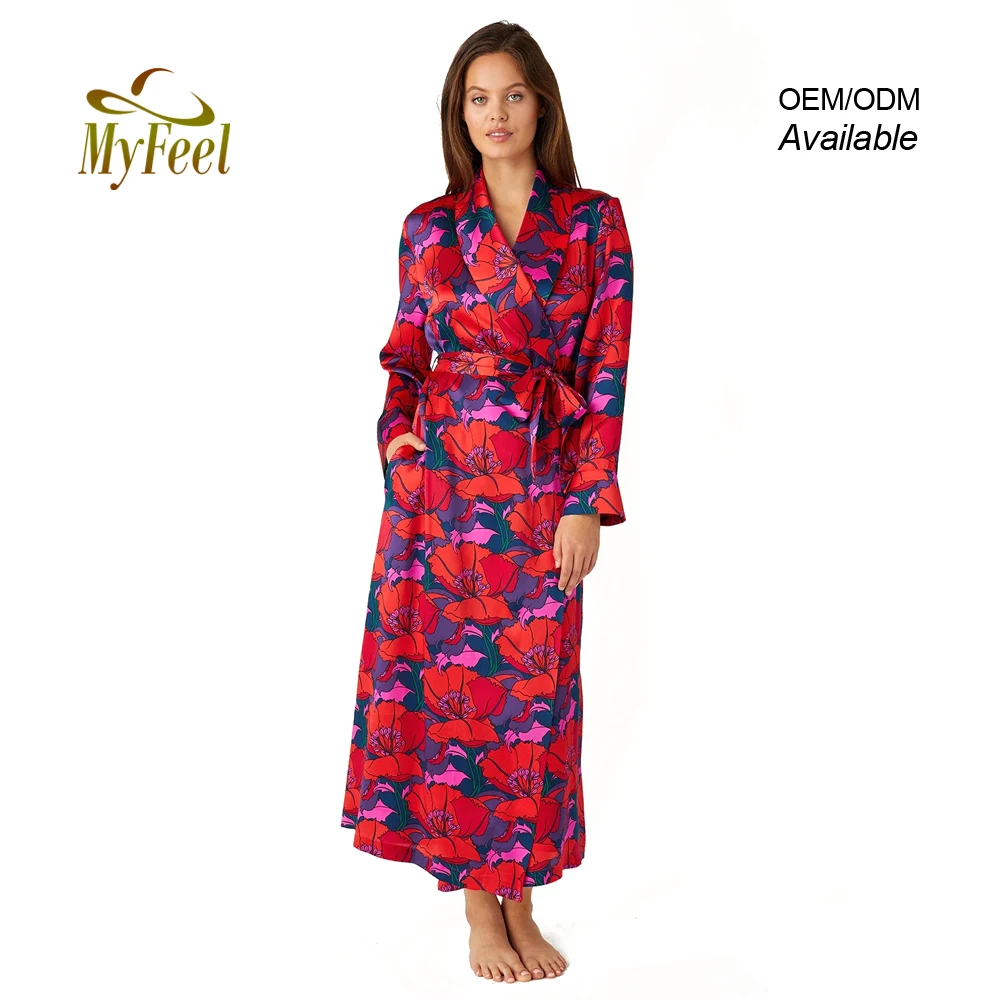 
 Женский Шелковый сверхдлинный халат, атласный цветочный халат с боковым карманом, Accappatoio microfiber  