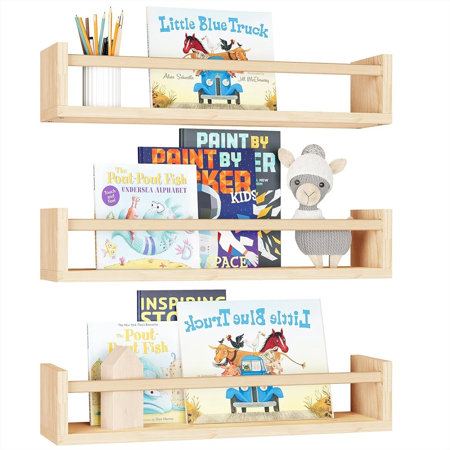Natural Wood Floating Nursery Book Shelves for Baby Nursery Decor Book Shelf Organizer Wall Book Shelves