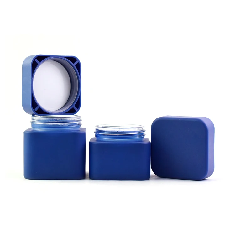 3oz square glass jar frosted cobalt blue matte opaque straight flower smell proof childproof square glass jars storage hot stamp