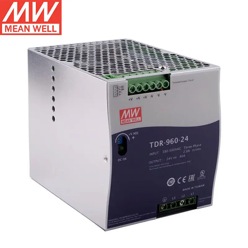 Mean Well TDR-960-24 960W 24V AC DC 40A DIN Rail Switching Power Supply Slim 3-Phase High Input SMPS Industrial Use Single 12V
