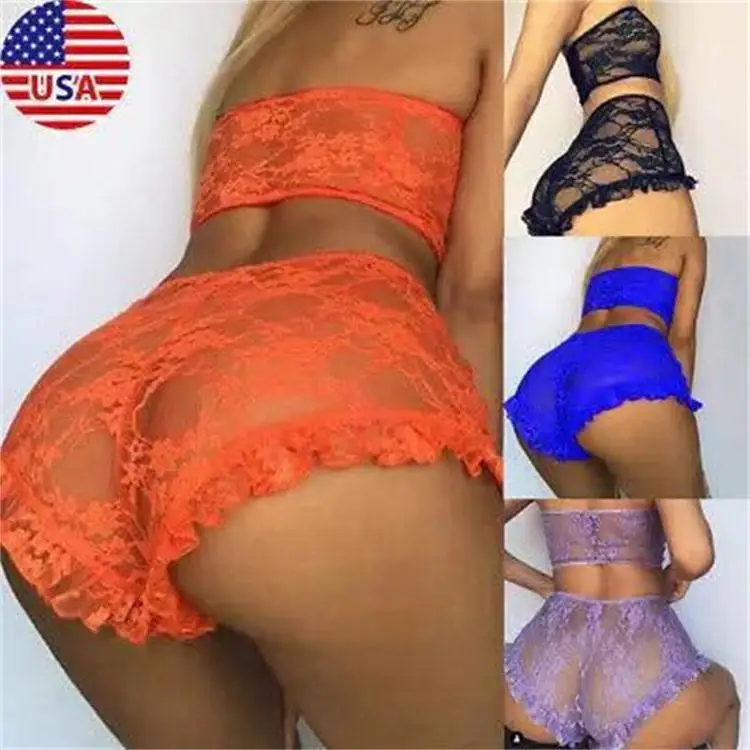 Ladies Hot Sexy Women Lace Tulle Lingerie Set Ruffle Sleepwear Babydoll Bandeau Underwear Nightwear Sets