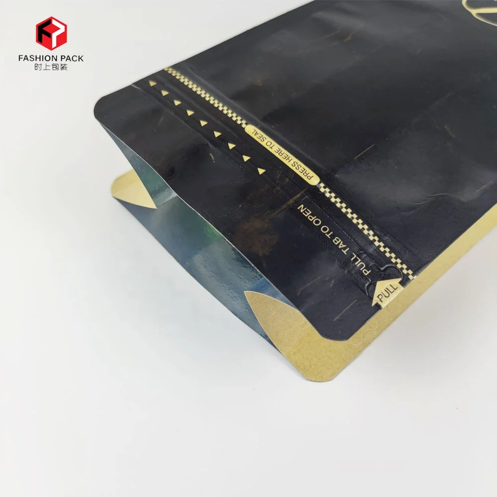 Custom Printed 12oz Matte Black Zip Lock Bag Flat Bottom Kraft Paper Coffee Packaging