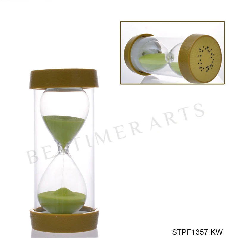 Plastic frame hourglass sand timer 15 mins glass sand timer with cute fruit photo on top and bottom