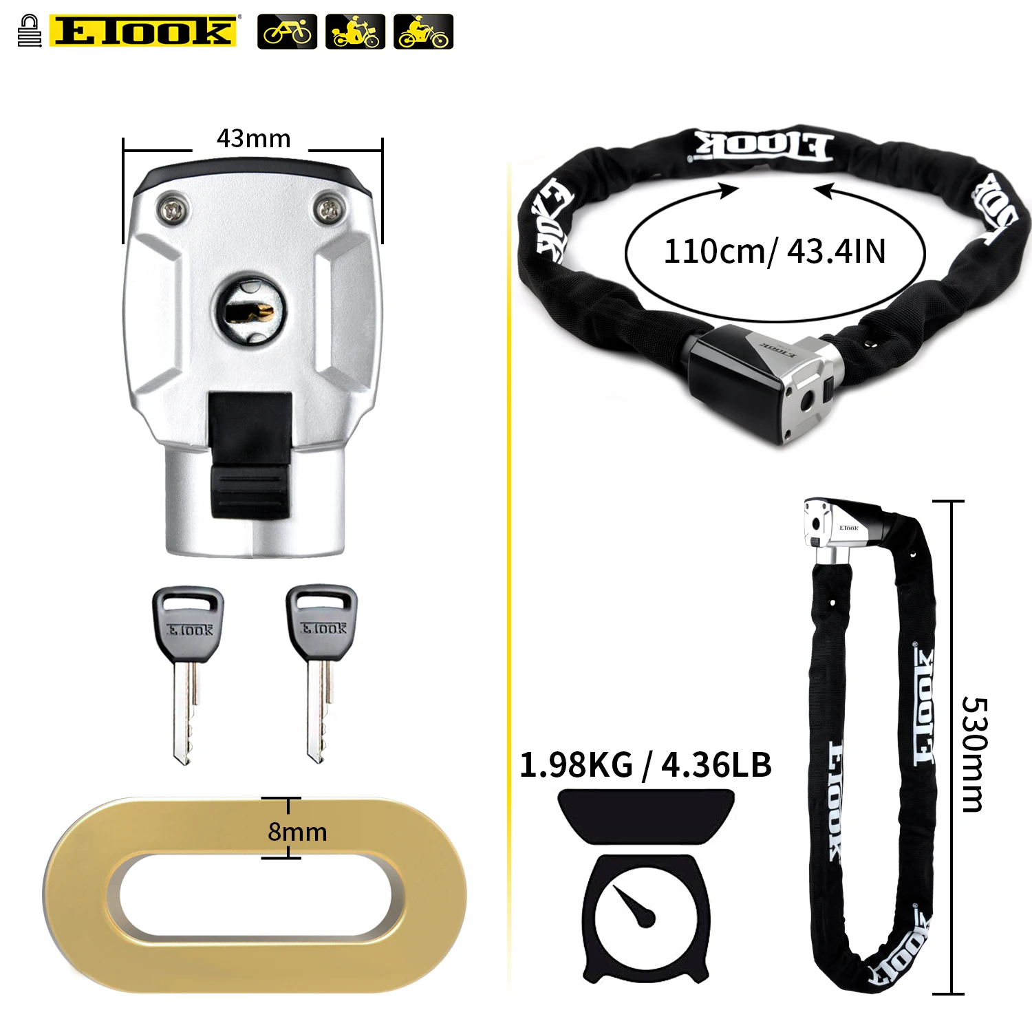 ETOOK Integrated Heavy Duty Square Link Bike Chain Bicycle Lock Bike Lock