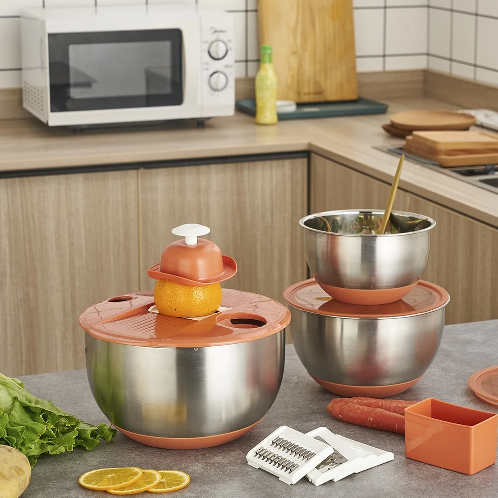 Hot Selling Salad Bowls with 5 Blades Slicing Kitchen Stainless Steel 11 in 1Mixing Bowls with Grater Storage bowl