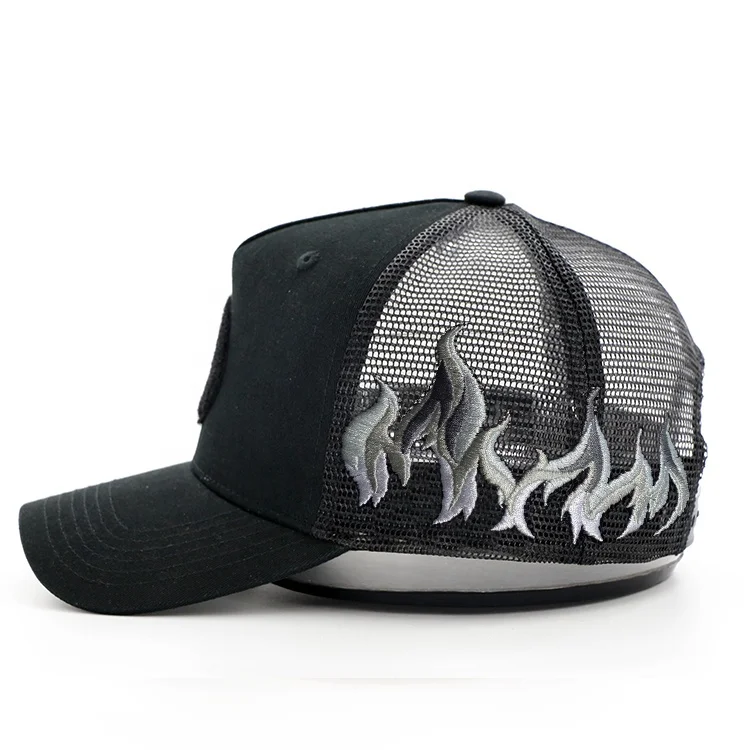 Custom outdoor flame embroidered logo black baseball sport truck cap