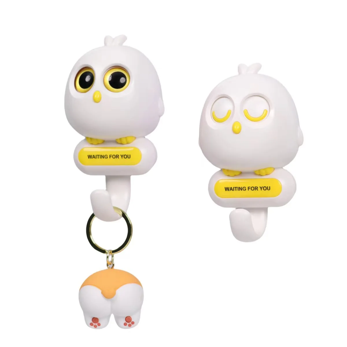 Wall Mount Coat Rack with Adhesive Hooks featuring Adorable Cartoon Animal Owl Blinking Eye Design Sticky Hooks