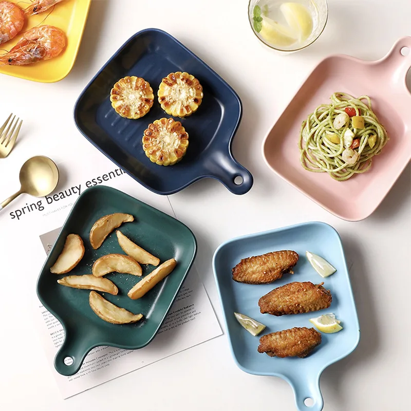 8 inch Nordic Ins Creative Ceramic dinnerware plate Dish Ceramic Plate With Handle   microwave Baking Tray