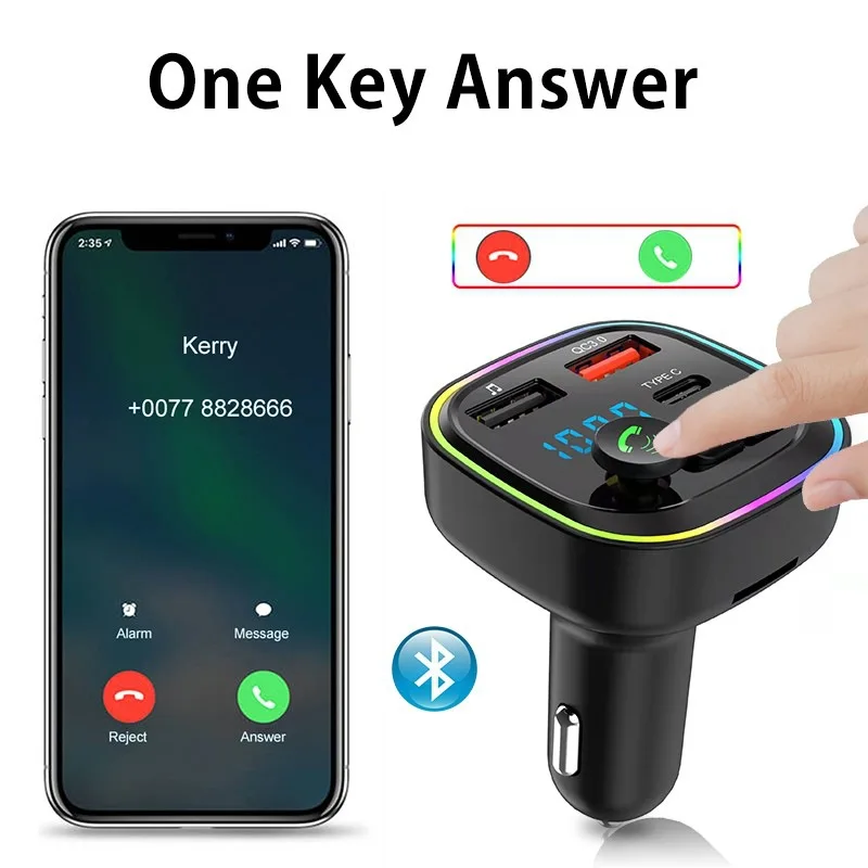 Car Charger Adapter Bluetooth for Car TF Card Music Call Player Car FM Transmitter with QC3.0 USB Type-C Fast Charging