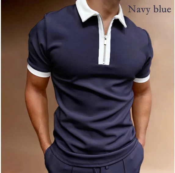 2023 Zipper Polo Shirts Navy Blue Color Matching Casual Men Polo Zipper Shirt