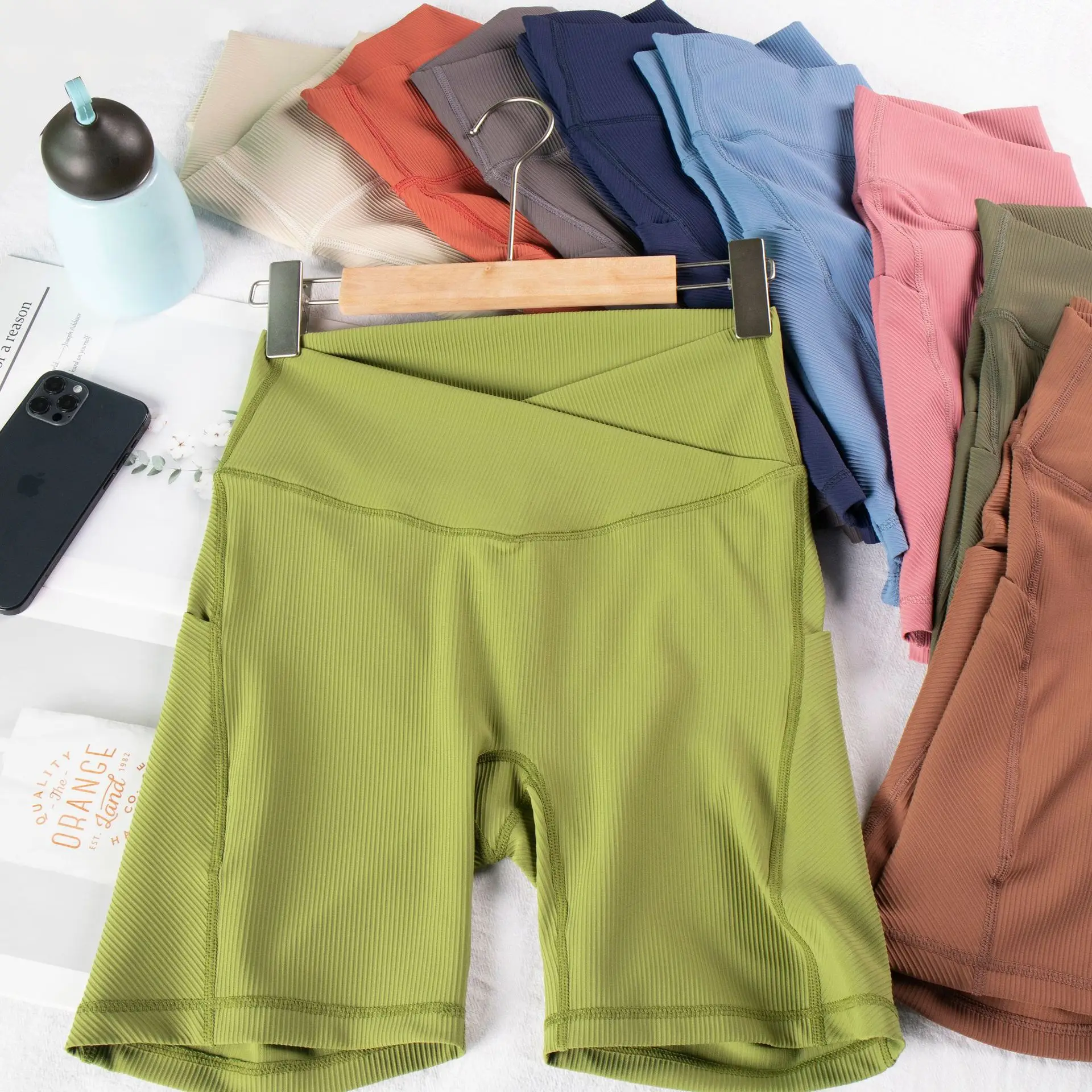 2024 Summer Women High Waist Cross Type Compression Quick Dry Training Shorts with Phone Pockets Gym Fitness Yoga Shorts