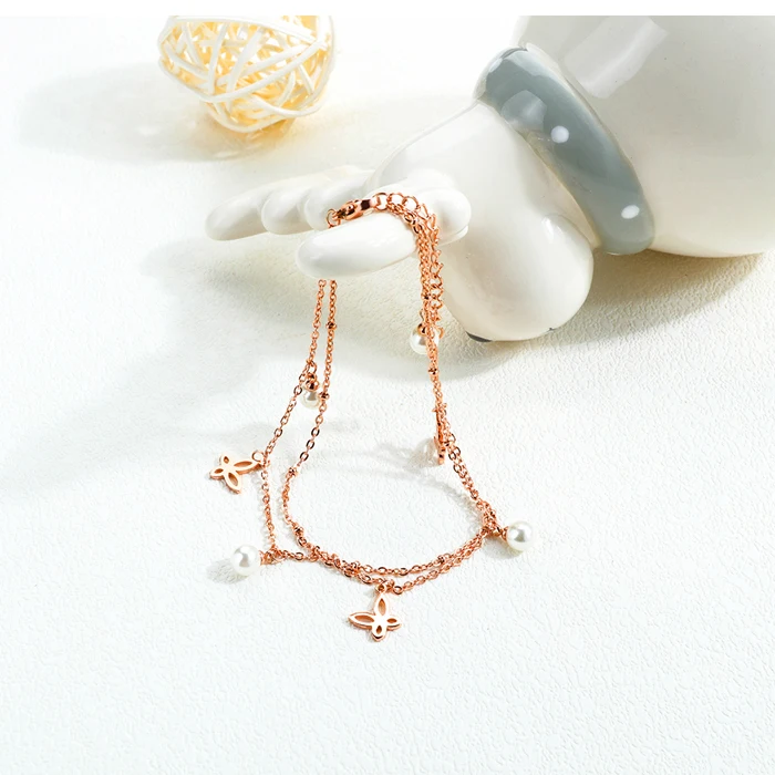 Stainless Steel Rose Gold Plated Charm Pearl And Butterfly Anklet for Women