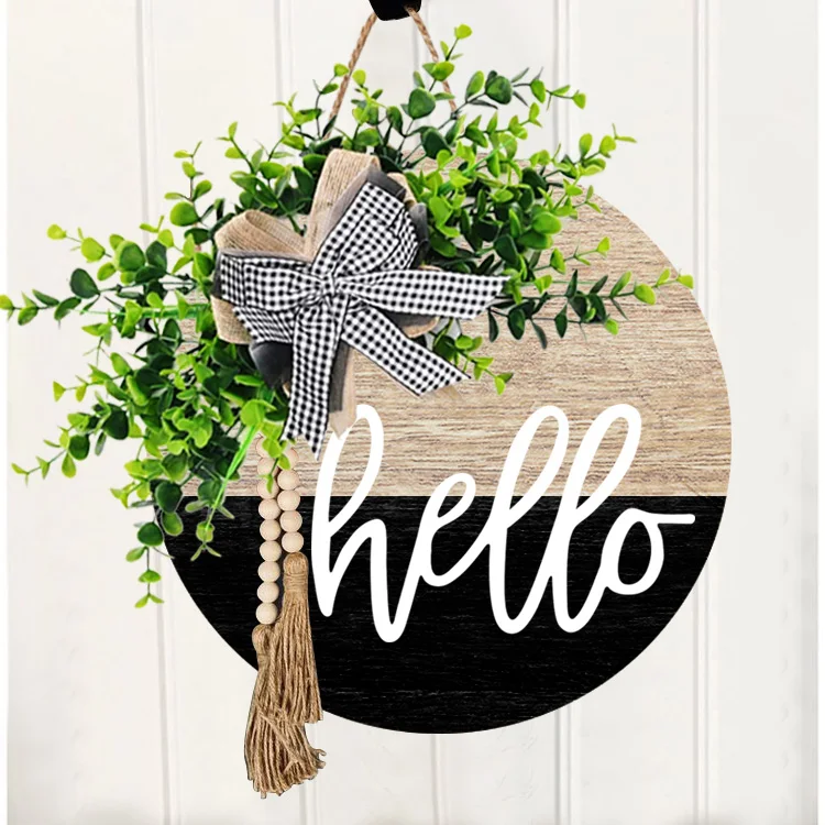 Wall Decor Wooden Rustic Welcome sign Round Wall Art hanging sign board  wood bead garland farmhouse with Tassels