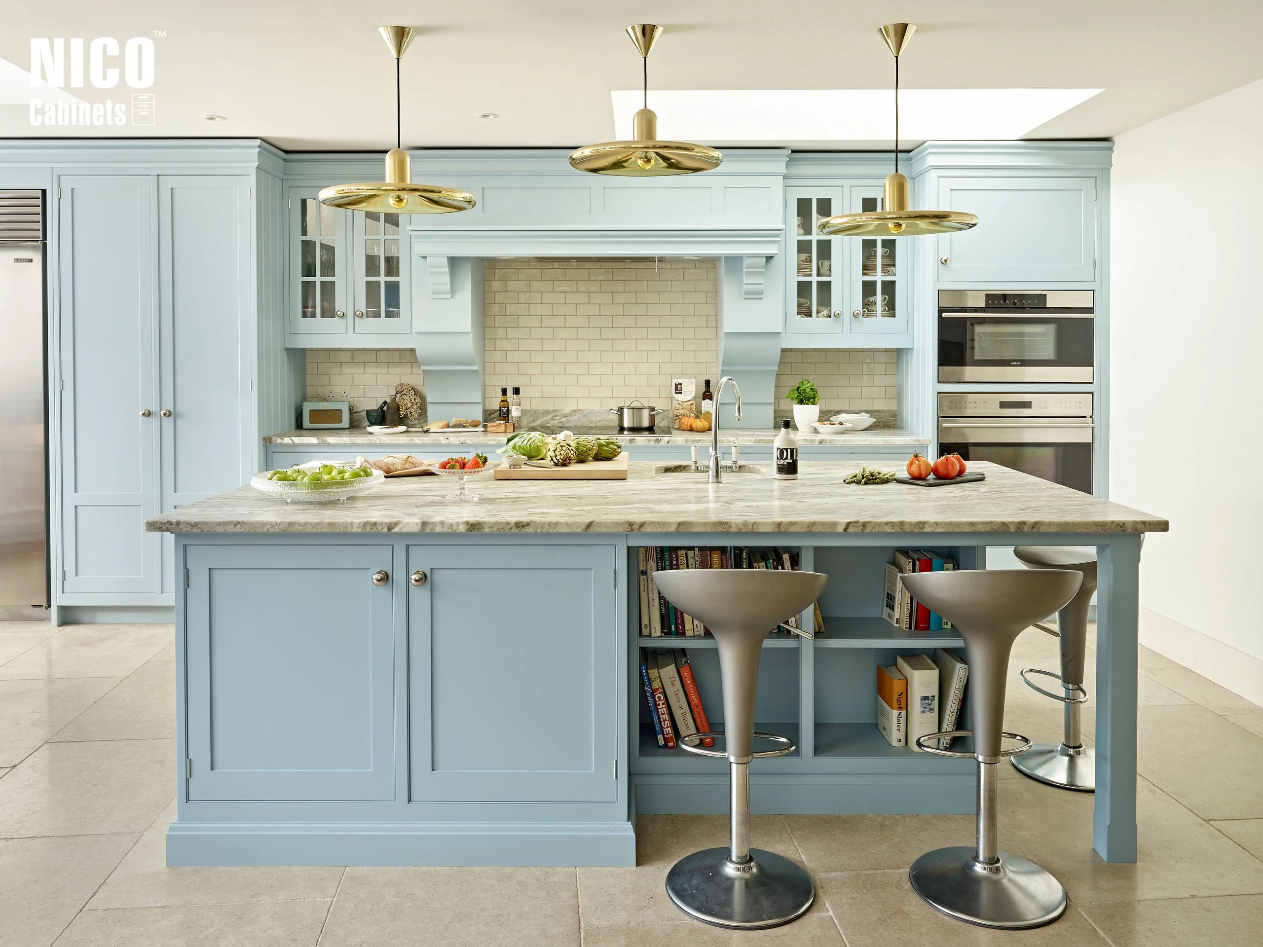 NICOCABINET Georgian Style Renovation Hampton Matt Blue Kitchen With Aurora Fantasy Granite Countertop