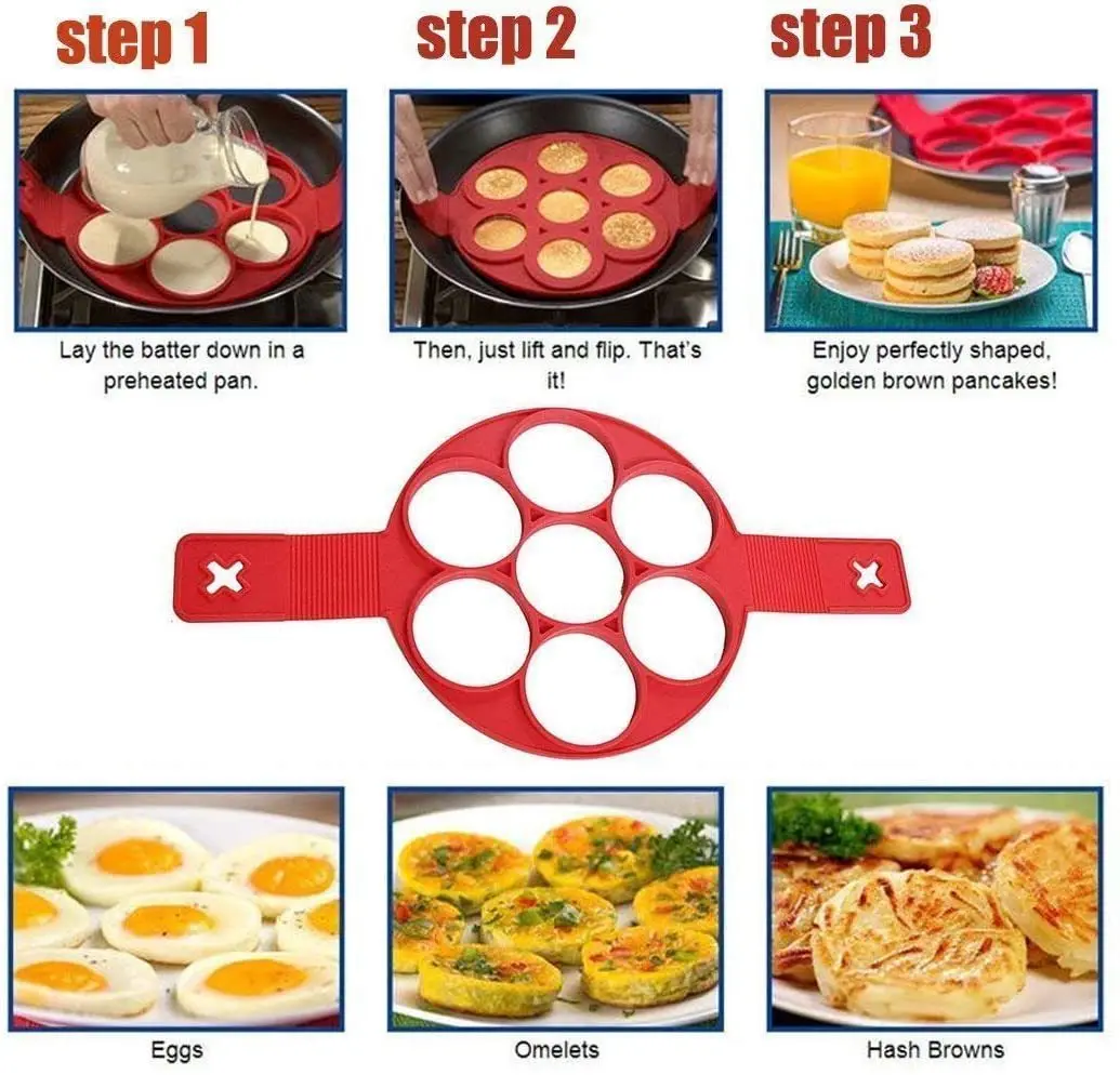 Food Grade Red Round Shape Breakfast Sandwiches Egg 7 Grids Mold Silicone Pancake Maker