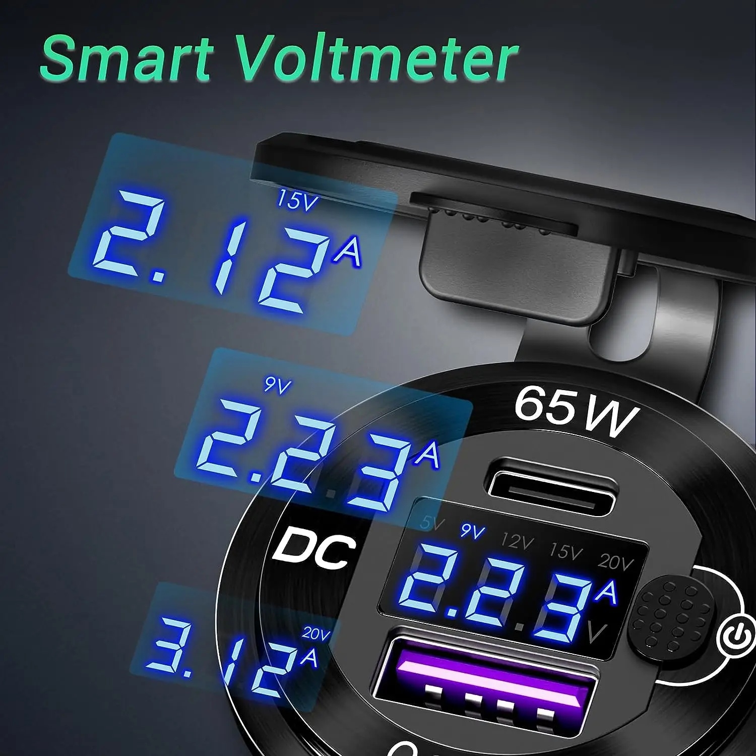 12V -24V  65W PD3.0 and 18W QC3.0 Car USB Port Aluminum Socket with Button Switch Smart Voltmeter and ammeter
