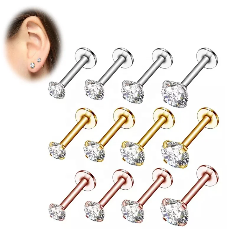 Wholesale 16G 316L Surgical Steel Clear CZ Tragus Flat Helix Cartilage Labret piercing Stud Body Jewelry