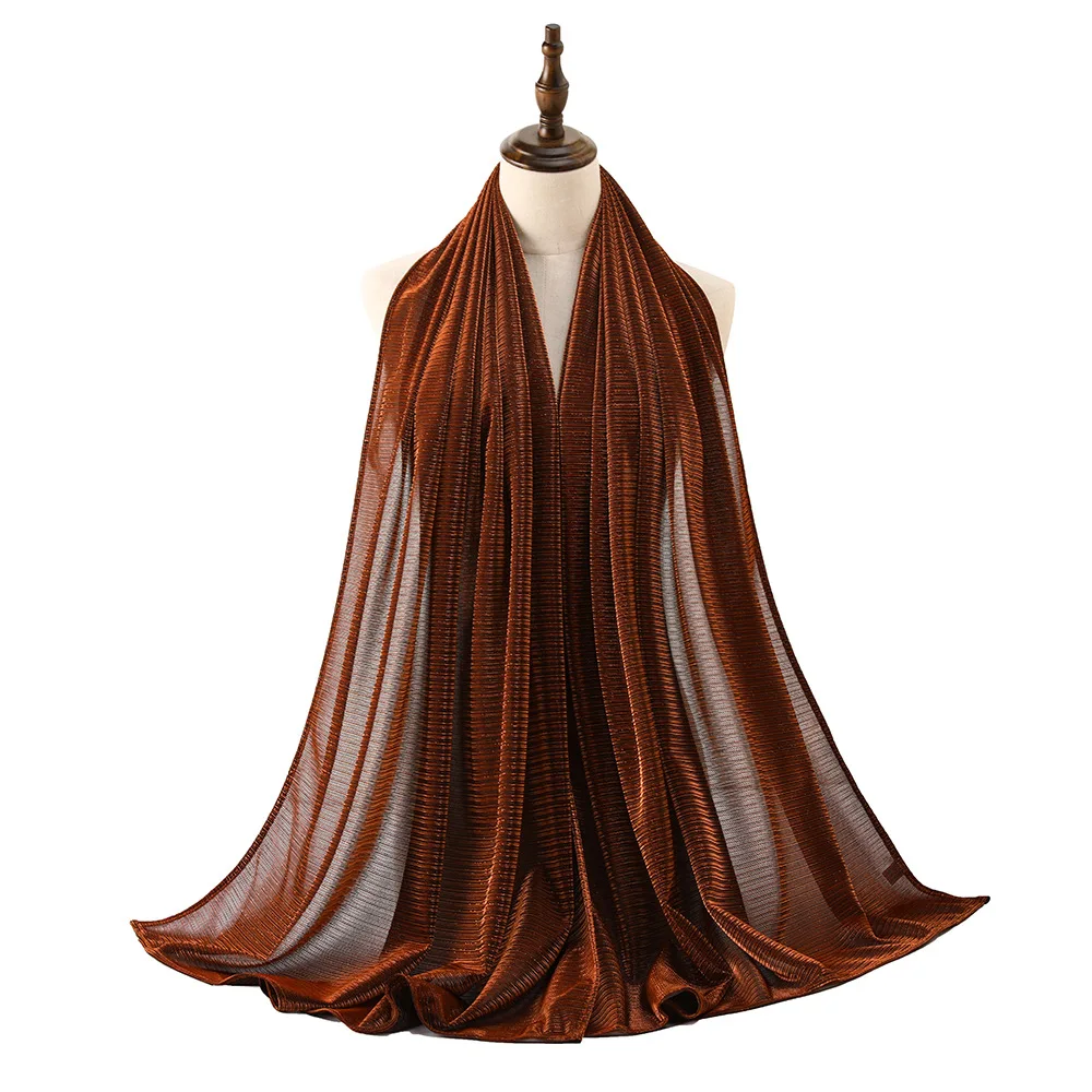 TMF-8R039  Hot Selling Luxury Polyester Gold And Silver Silk Scarf Shimmer Plain Color Breathable Shawl for Muslim Women