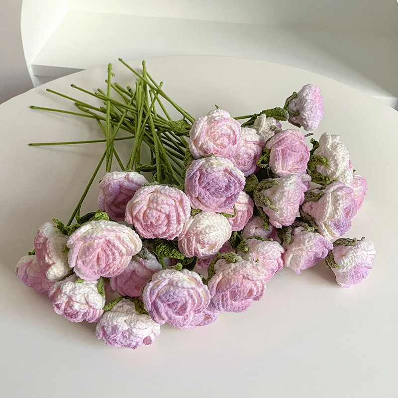D129 Handmade Knitting Lovely Home Office Car Decoration Crochet Flowers Bouquet Accessories Rose Crochet Flower Stem