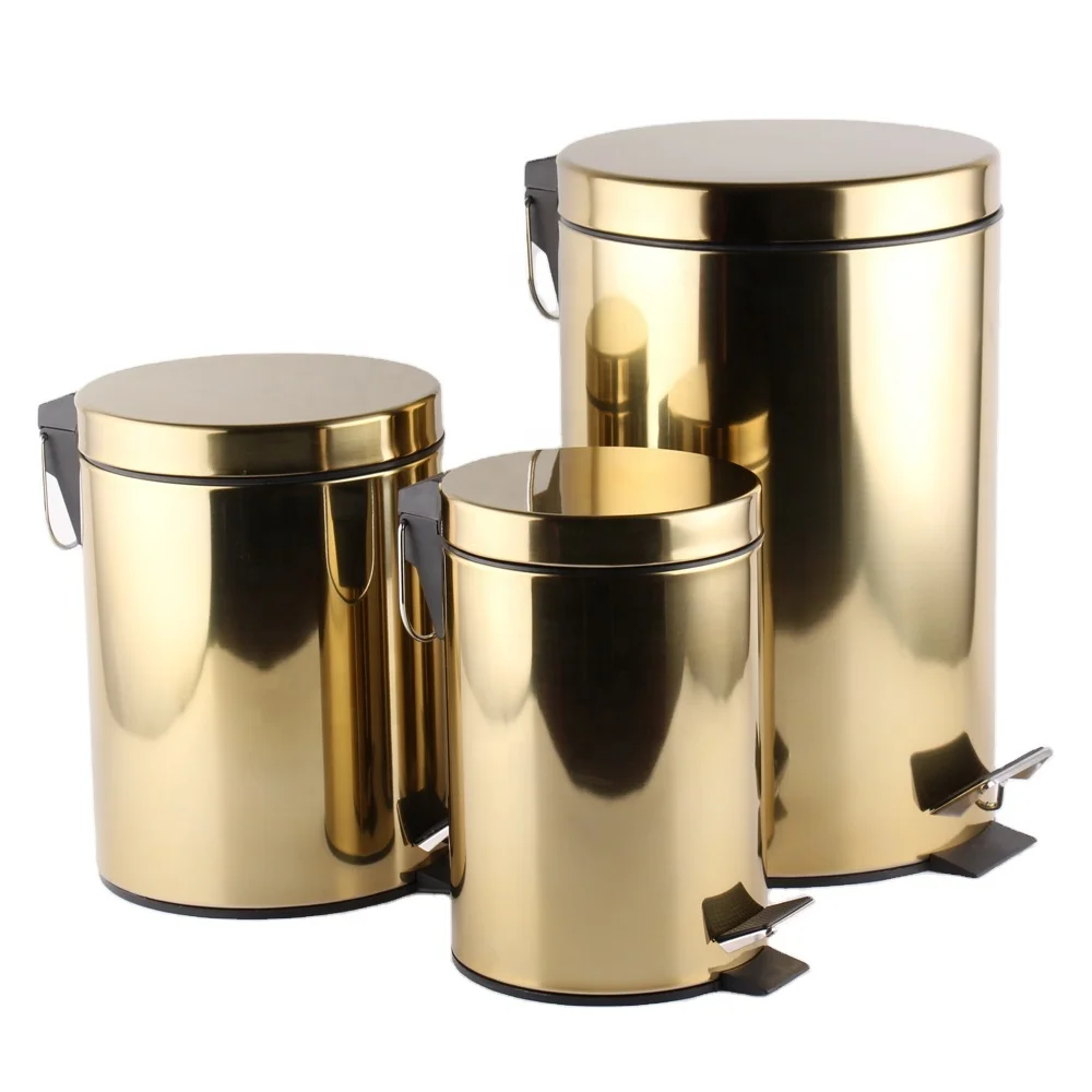 Gold Color Round Shape Metal 3L 5L 7L 12L 20L 30L Stainless Steel Waste Bin With Lids Trash Can For Kitchen Bathroom