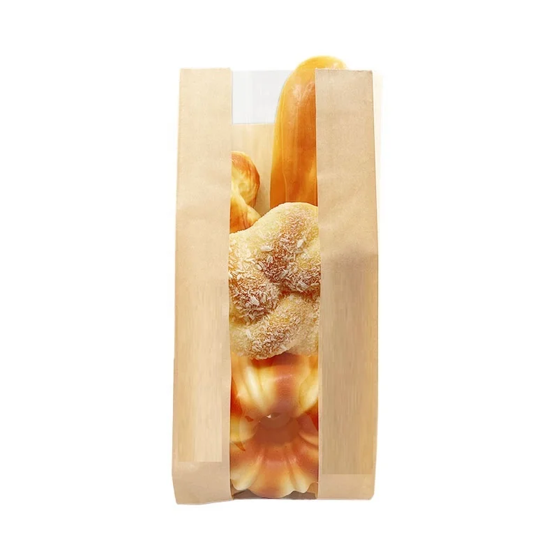 Wholesale Oil proof Bakery Toast Packaging with window Custom Kraft Paper Bread Bag For Food