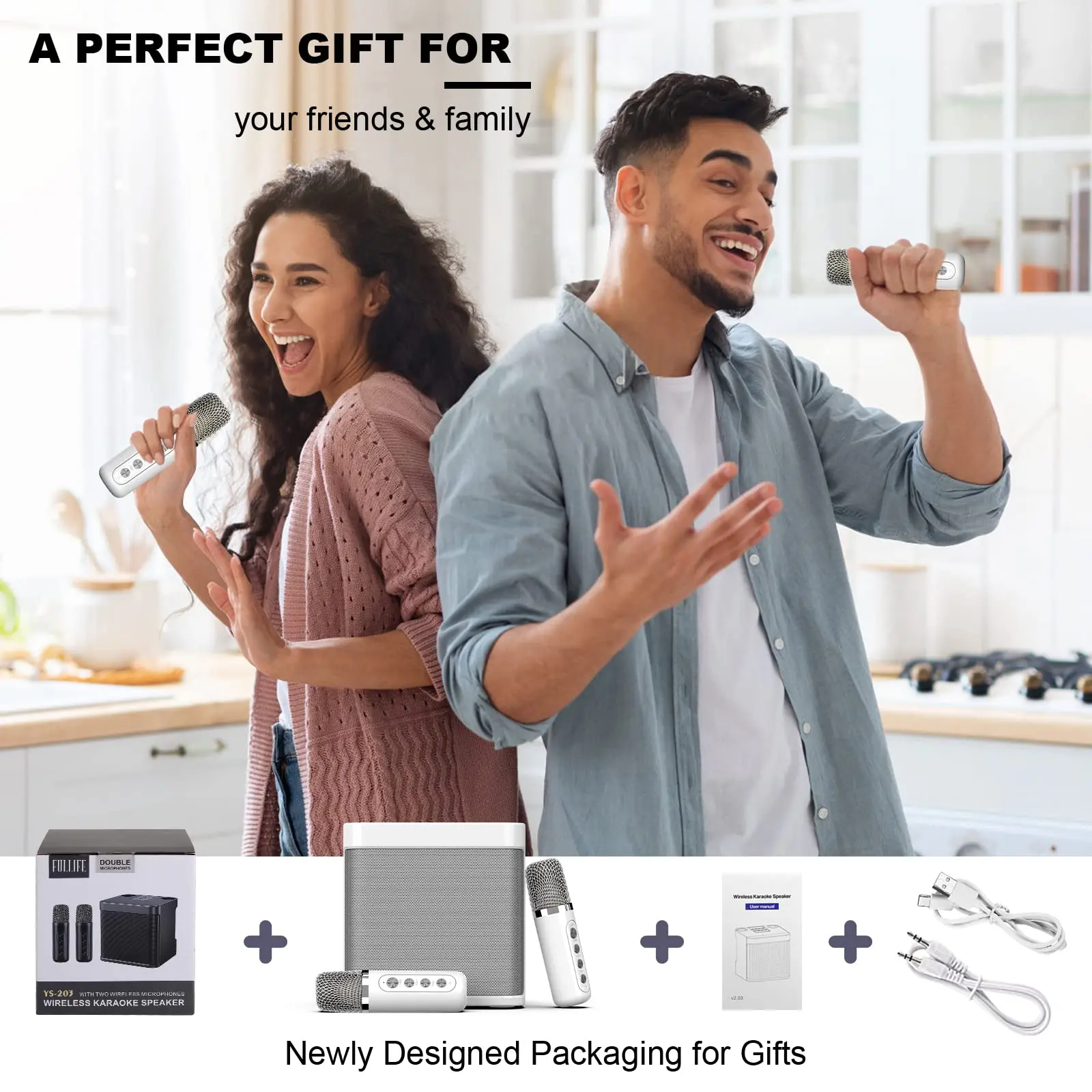 Portable Bluetooth Karaoke Speaker for TV, with 2 Wireless Microphones PA Speaker System for Indoor Outdoor Party, Family Party