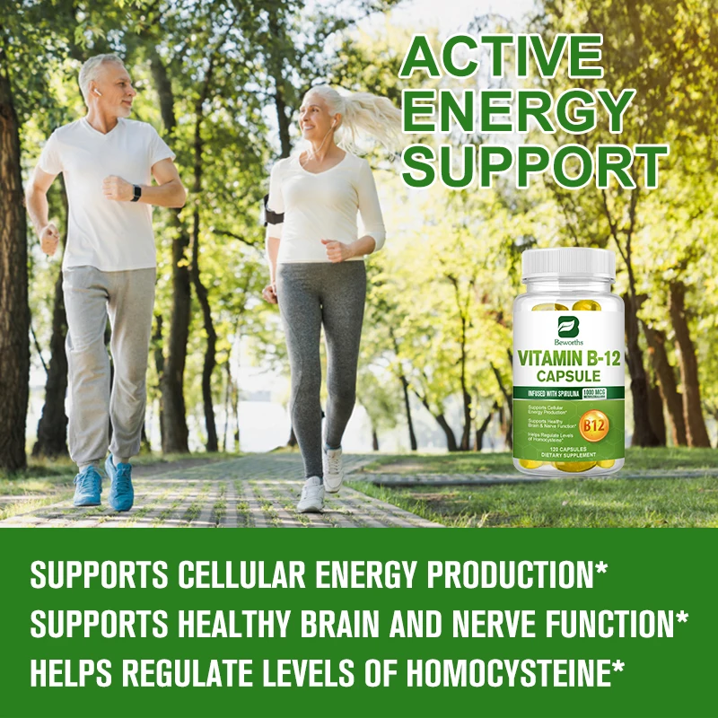 60pcs Vitamin B12 Softgel Capsules Nerve Brain Health Supplements Infused with Organic Spirulina