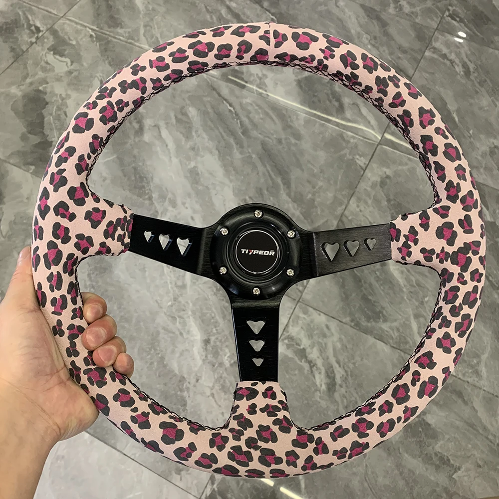 TIYPEOR custom leopard print heart-shaped bracket with suede sports modified car steering