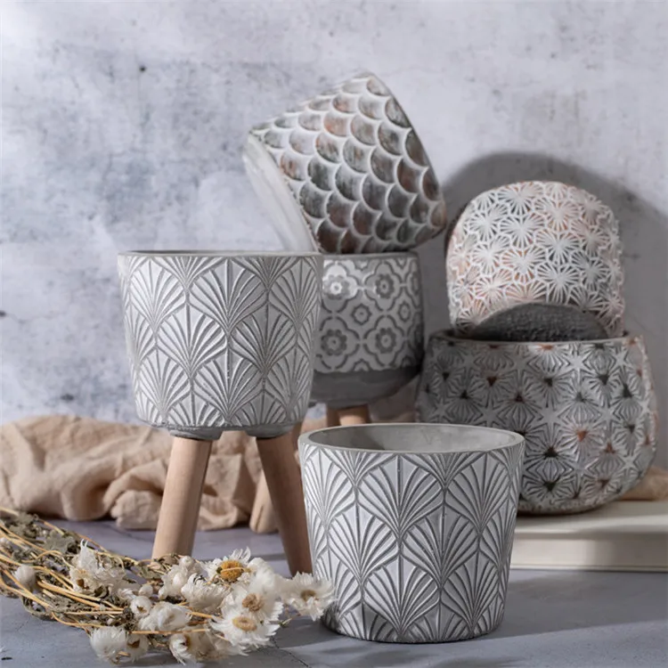 Manufacturer wholesale hand carved embossed interior decorative round cement plant pots designer succulent planter flower pot