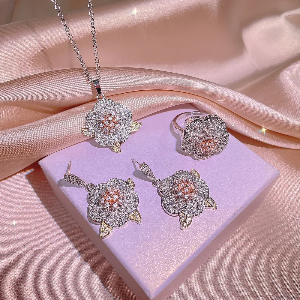 Wholesale women Cute Pretty Flowers Diamond women Jewelry Set silver plated women jewelry