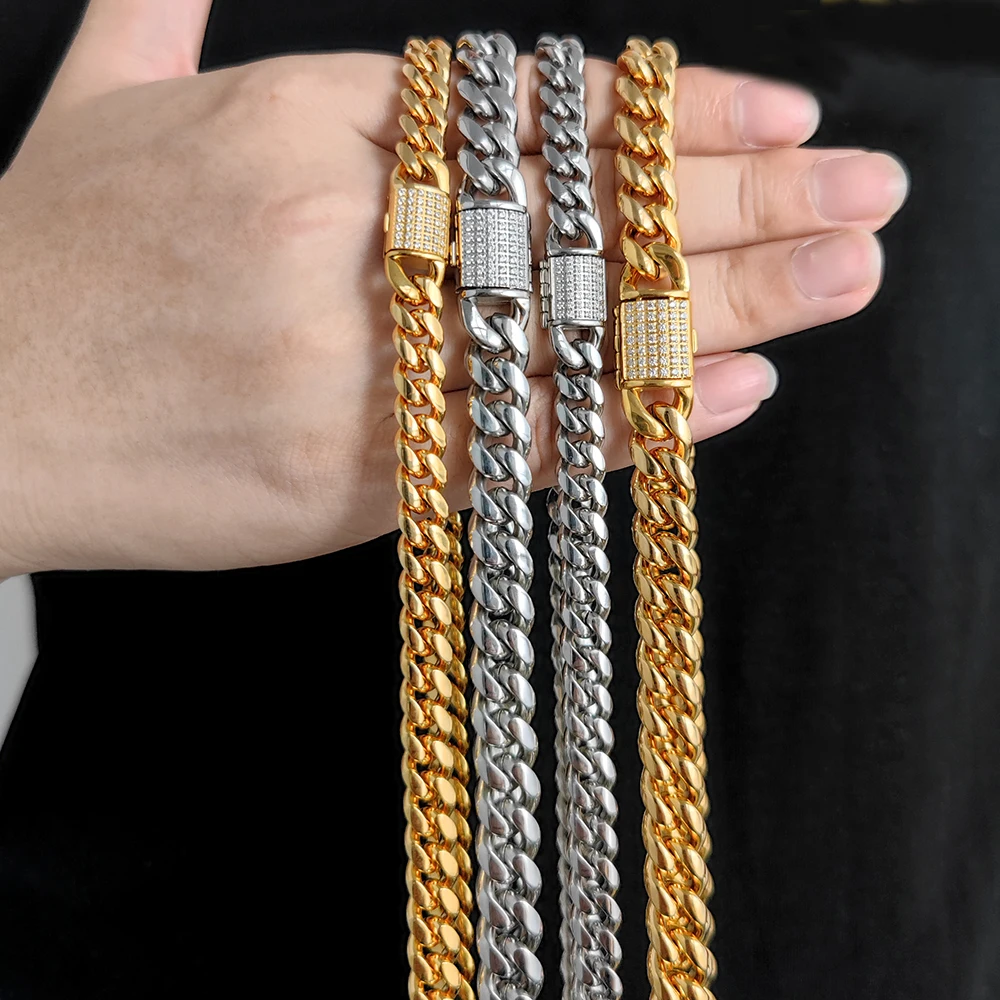 Mens Miami 14k 18k PVD Plated Hip Hop Cuban Necklace Iced Box Clasp CZ Stainless Steel Cuban Link Chain