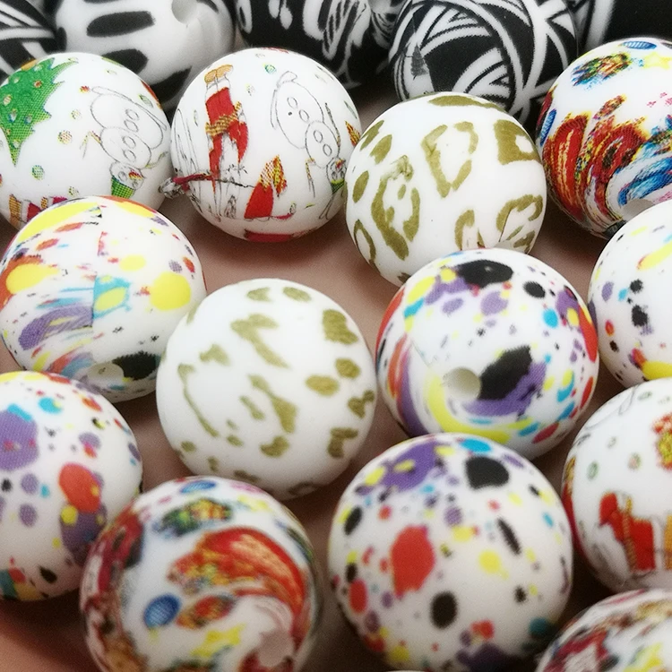 Wholesale 15mm grade Leopard Printed BPA Free Food Grade Teething Silicone Beads