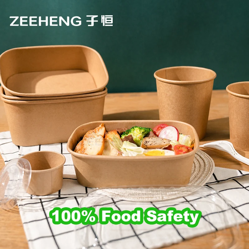 ZIHENG Wholesale Kraft Paper French Fries square Soup Salad Pasta Bowl with Lid