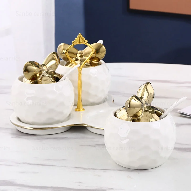 Nordic Style Kitchen Canister Set Light Luxury Porcelain Seasoning Pot 3 Pieces Ceramic Spice Jar Set With Butterfly Lid