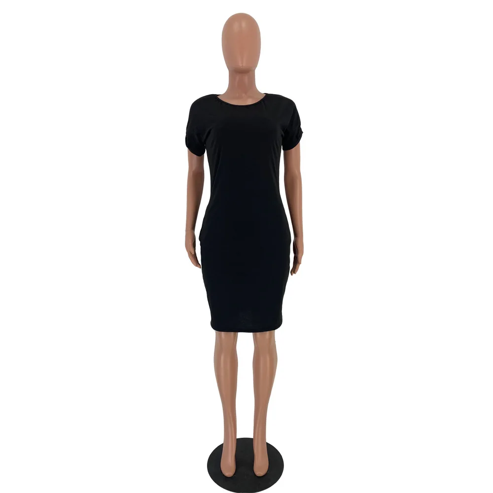 Solid Crew Neck Dress Ladies T-shirt Dresses for Women Summer Casual Dresses Natural Satin OEM Service Adults with Plus Size