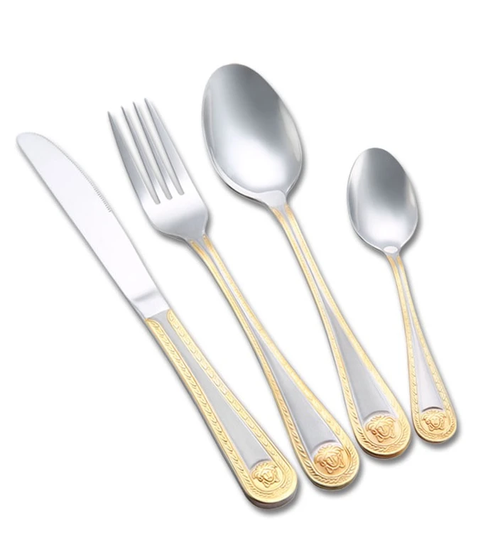 Stainless Steel Bulk Stocked 24 Piece Cutlery Set 24k Luxury Medusa Gold Plated Cutlery 24 Pcs Set with wooden case