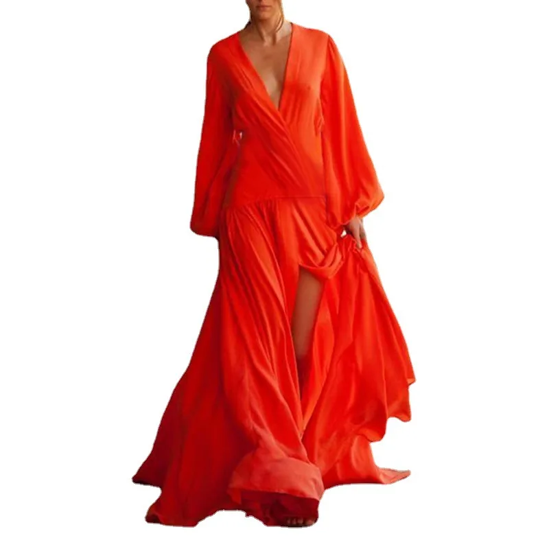 Женское свободное платье с V-образным вырезом, однотонное платье с длинными рукавами и широким разрезом, весна-осень 2021