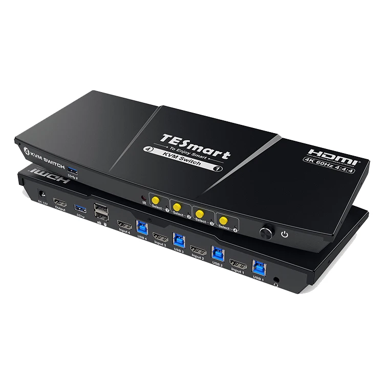 TESmart 4 Port KVM Switch Kit HDMI 4K60Hz with USB 3.0 Docking Station Support IR Panel button Hot keys Mouse Video Switcher