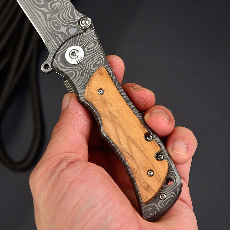 Olive Wood Handle Knife Pocket Damascus Laser Engraved Knife Pocket  Custom Outdoor Hunting Camping Survival Folding Knife