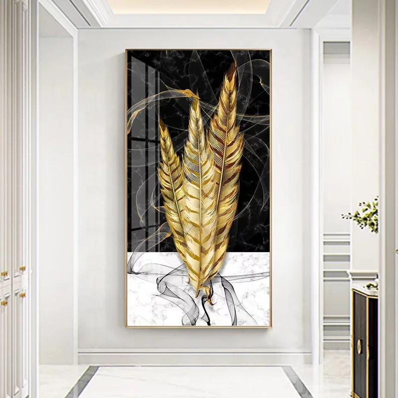 Luxury Golden Feather Wheat Painting Wall Art Deco Modern Glass