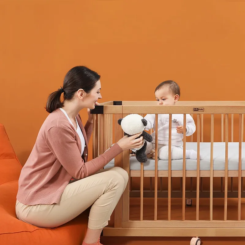 Nursery Furniture Beech Convertible Cribs Wooden Baby Small Sleeping Bed with Cushion  For Babies