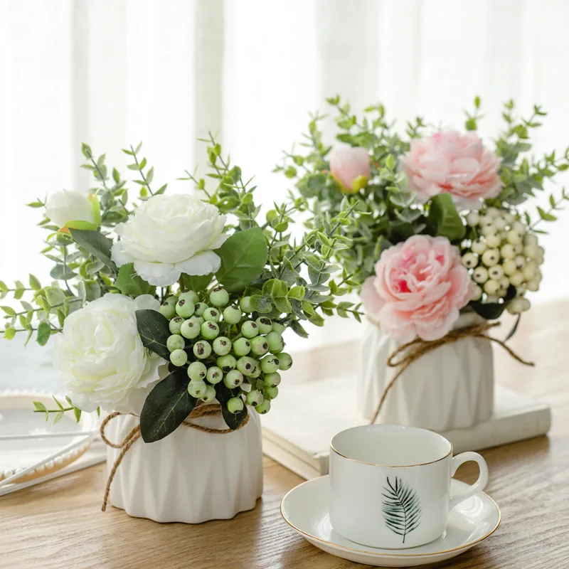 Artificial Flowers with Small Ceramic Vase Faux Roses Plants Eucalyptus Leaves Berries Flower Arrangements Decorations for Home