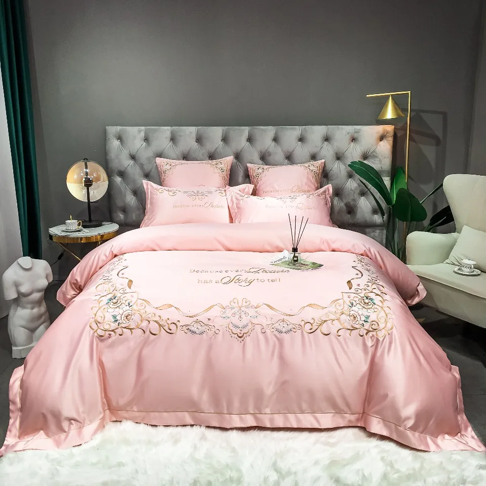 Modern Light Luxury Style Soft Embroidery 500tc Satin cotton bed sheets duvet bedding set