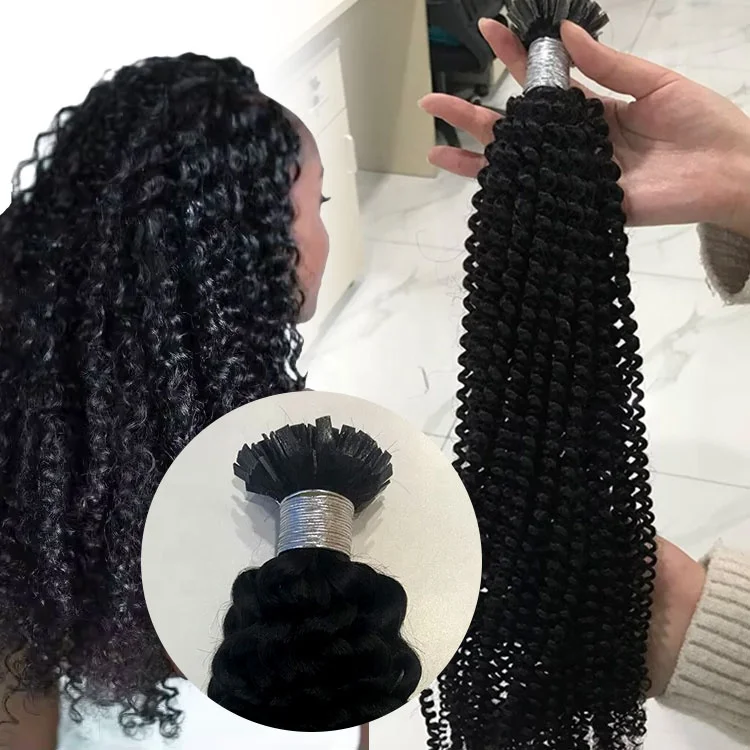 OEM ODM Cuticle Aligned unprocessed Virgin Keratin 100% Human Hair Prebonded  kinky curly Flat Tip Hair Extensions