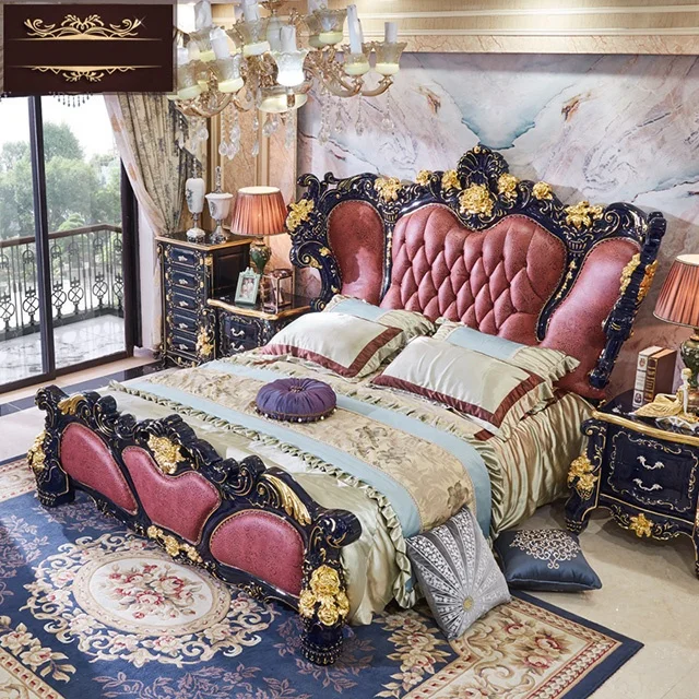 Customizable royal Luxurious French style genuine leather king size beds solid wood bed set wedding princess furniture bedroom